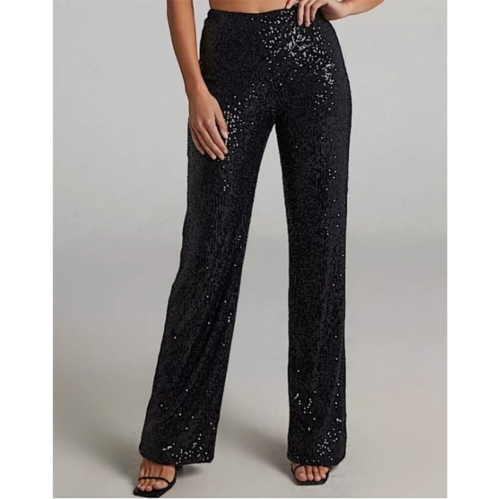 House of Harlow NEW Black Sequin Pull On Straight Leg Pant Size Small
